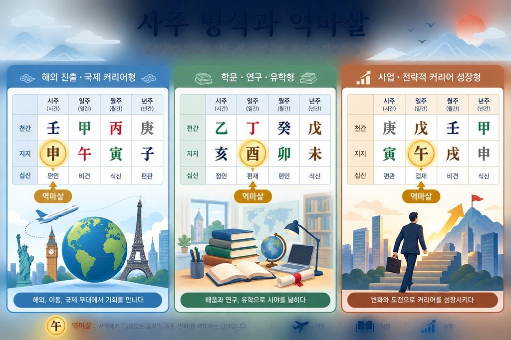 격국과 일간 강약에 따라 역마살이 세 가지 방향으로 다르게 발현되는 사주 예시 인포그래픽
