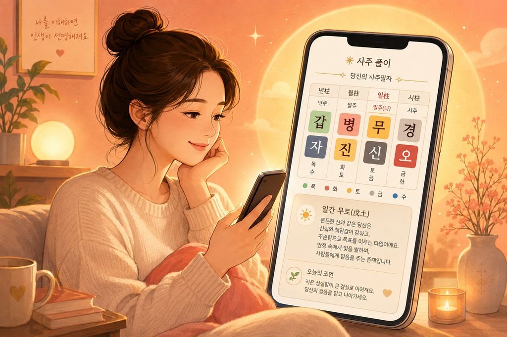 사주 여덟 글자에서 역마살을 비롯한 신살 조합을 확인하는 모습